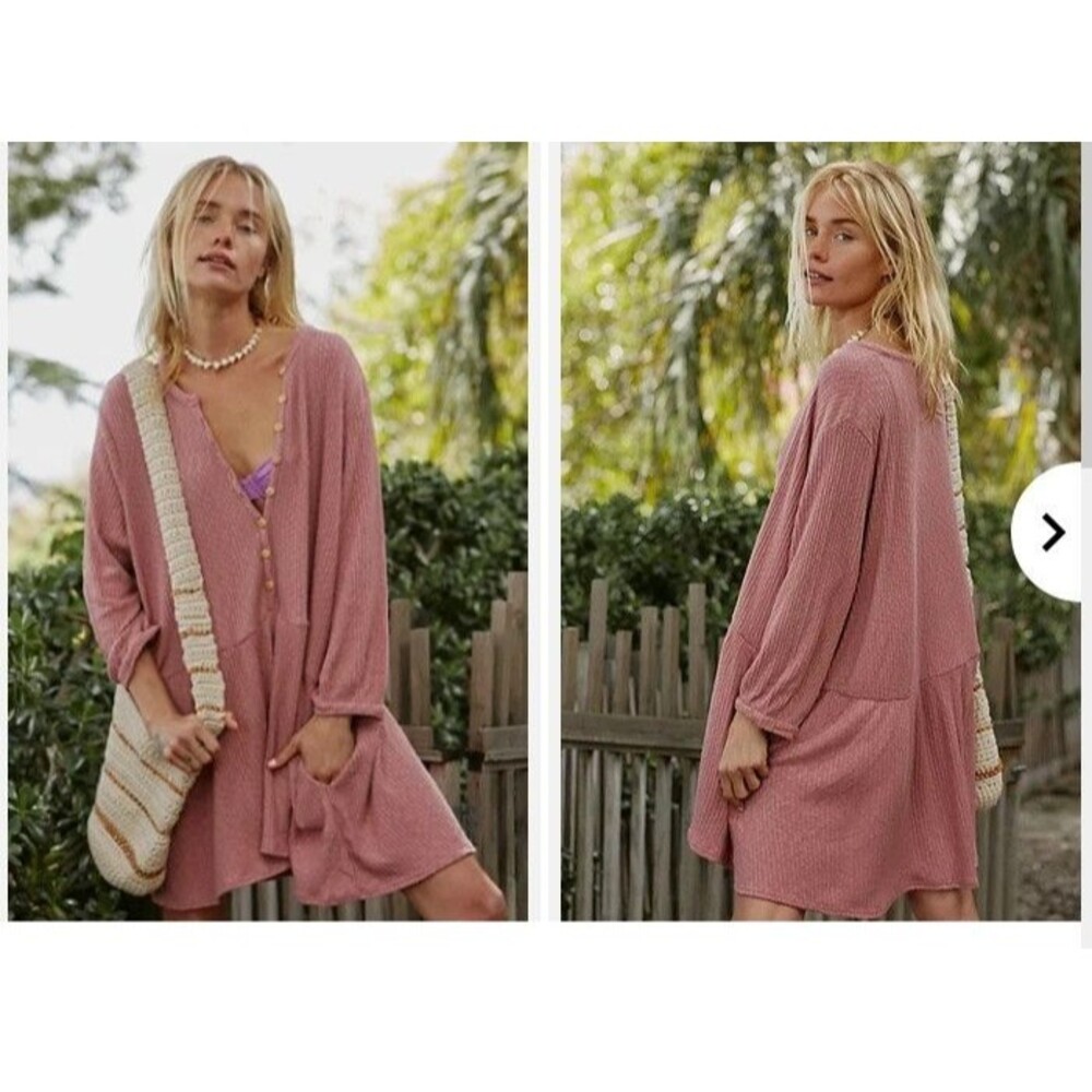 Rose Pink Button-Front Waffle Knit Women’s Dress